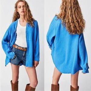 We The Free Summer Daydream Button Shirt Top Womens S Blue Long Sleeve Oversized